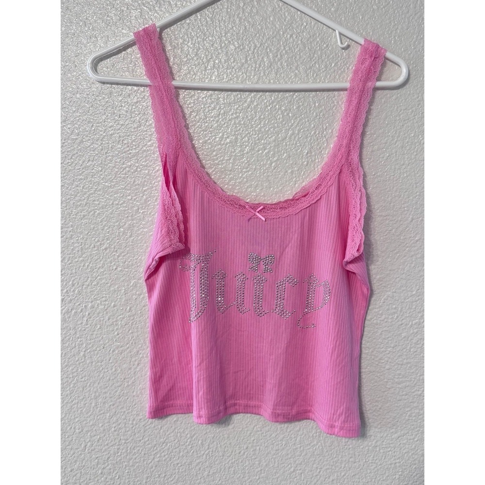 Juicy Couture Pink Rhinestone Logo Lace Trim Tank Top Y2K Barbiecore Size Large